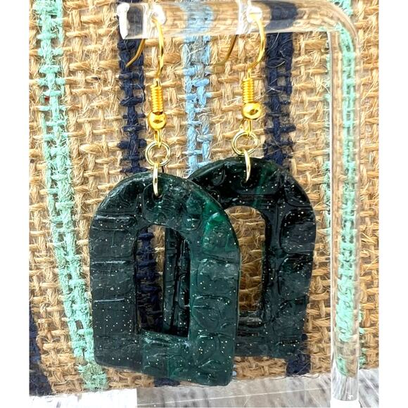 Artisan Green & Black Reptile Textured Window Arch Dangle Earrings 2.25" Drop - Picture 1 of 2